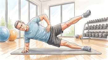 Ilustración de un hombre de mediana edad haciendo una plancha lateral con pierna elevada sobre una colchoneta en un gimnasio con ventanales y pesas.