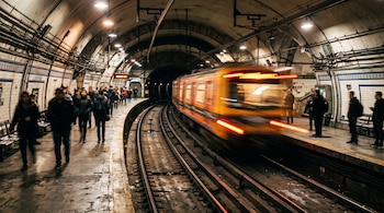 Un tren borroso por el movimiento circula por una estación subterránea iluminada con personas en el andén.