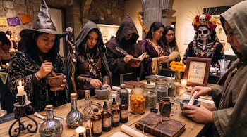 Personas disfrazadas utilizan morteros frente a frascos con plantas, botellas, velas y un cartel con el texto Taller de pociones.