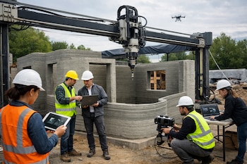 Cinco personas con cascos y chalecos de seguridad, una impresora 3D gigante, una casa en construcción de hormigón, tres ordenadores portátiles, una tableta, una cámara, un dron.