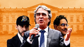 Risografía de un hombre canoso con traje y corbata azul hablando por un micrófono, flanqueado por dos hombres difuminados, con La Casa de Nariño naranja de fondo.