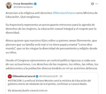 Óscar Benavides calificó como preocupante la posible designación de Viviane Morales - crédito @ODBenavidesA/X