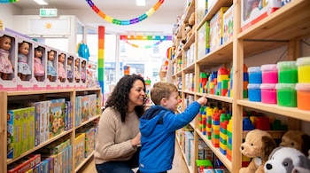 Una mujer y un niño pequeño observan estanterías de madera con muñecas, bloques de construcción, juegos de mesa, recipientes de slime y peluches en una juguetería iluminada.