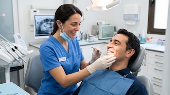 Una odontóloga con bata azul y guantes sostiene un espejo frente a la dentadura de un hombre sentado en el sillón dental.