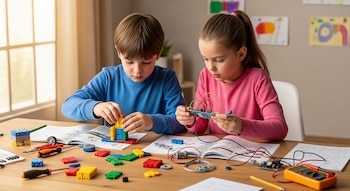 Un niño y una niña sentados en una mesa manipulan bloques de construcción, circuitos, herramientas, manuales abiertos, un multímetro y varios componentes.
