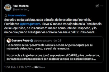 José Raúl Moreno salió en defensa del presidente Gustavo Petro y aseguró que, tras 17 meses de trabajo en la Presidencia, puede dar testimonio de la "decencia" del mandatario - crédito @raumoreno_/X