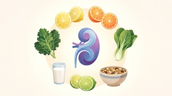 Ilustración moderna de frutas cítricas (limón, naranja, lima), hojas verdes (kale, bok choy), un vaso de leche y un bowl de legumbres, dispuestos en círculo alrededor de un riñón estilizado en el centro, sobre fondo suave y luminoso.