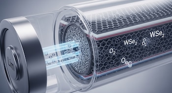 Ilustración de una batería transparente en corte, mostrando material granular, estructuras hexagonales y etiquetas WSe₂, O₂, Lim, con haces de luz y burbujas.