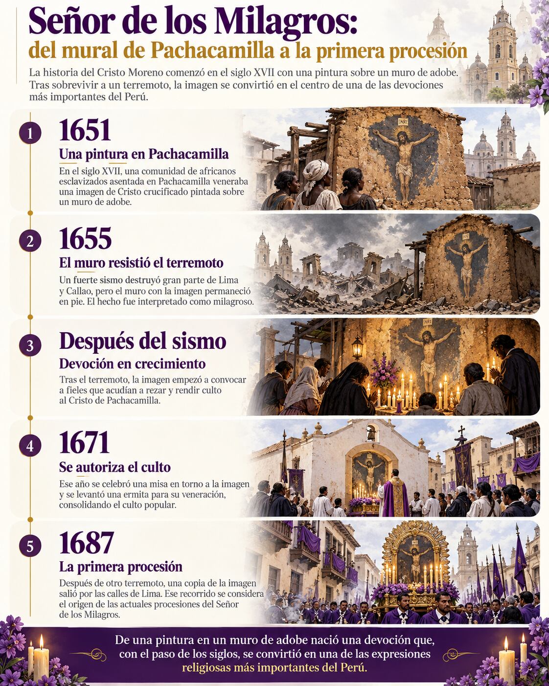 Una infografía presenta la cronología histórica del Señor de los Milagros en Lima, desde la creación de la pintura en 1651 hasta la primera procesión en 1687. (Imagen Ilustrativa Infobae)