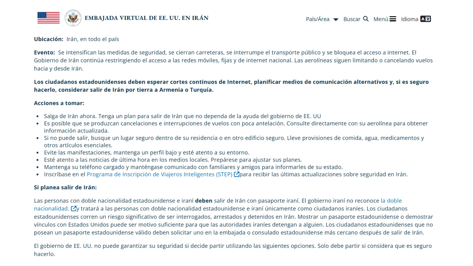 La Embajada Virtual de EEUU en Irán recomendó a los ciudadanos que salgan sin depender de la asistencia del país norteamericano