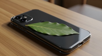 Un teléfono celular negro con una funda transparente tiene una hoja de laurel verde debajo de la funda, todo sobre una mesa de madera clara.