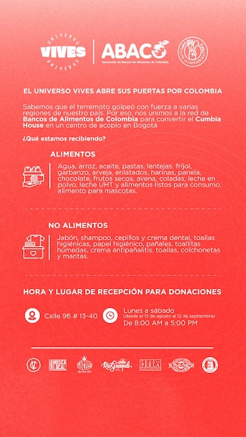 Carlos Vives convirtió el Cumbia House de Bogotá en centro de acopio junto a la Red de Bancos de Alimentos de Colombia para recibir donaciones hasta el 12 de septiembre - prensa Carlos Vives