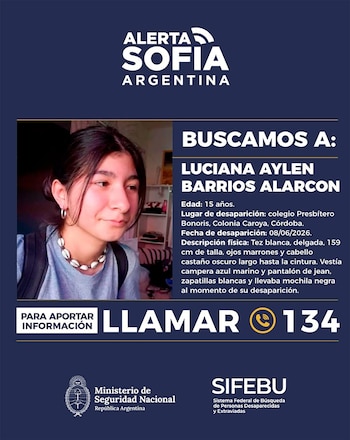 alerta sofia por Luciana Aylén Barrios Alarcón, la adolescente perdida en cordoba