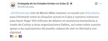 Publicación en red social de la Embajada de los Estados Unidos en Cuba con un mensaje sobre una reunión diplomática y ayuda humanitaria