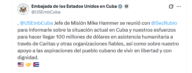 La misión diplomática de Estados Unidos en La Habana informó a Rubio sobre las condiciones actuales de Cuba y el programa de ayuda de 100 millones de dólares.