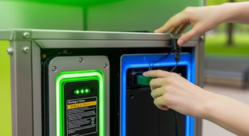 Primer plano de manos insertando un cable en una batería eléctrica con luces verdes dentro de un compartimento metálico de un carrito.