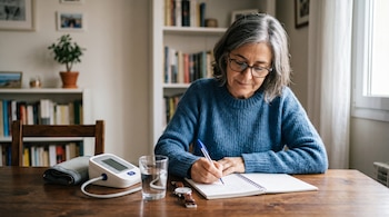 Una mujer con anteojos escribe en una libreta sobre una mesa donde hay un tensiómetro digital, un vaso de agua y un reloj.