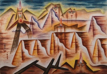 Pintura con paisaje montañoso abstracto, figuras humanoides estilizadas, algunas con ojos y conos. Tonos marrones, naranjas, azules y amarillos. Firma XUL y fecha 1949 abajo izquierda