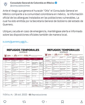 Consulado de Colombia en México informó sobre los albergues dispuestos a raíz del paso del huracán Otis - crédito @consuladocolmex/ X