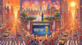 Calle de ciudad con edificios altos, taxis, personas con banderas, fuegos artificiales, globos, una pareja nupcial en azotea y pantalla de felicitación.
