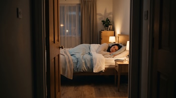 Vista a través de una puerta hacia un dormitorio donde una persona duerme en una cama junto a una mesa de noche con lámpara encendida.