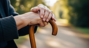 Primer plano de las manos arrugadas de una persona mayor entrelazadas sobre el mango de madera curvado de un bastón. El fondo está borroso.