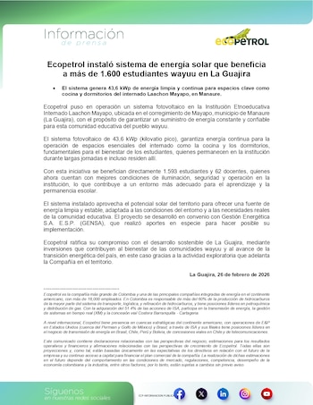 Ecopetrol instala sistema solar en