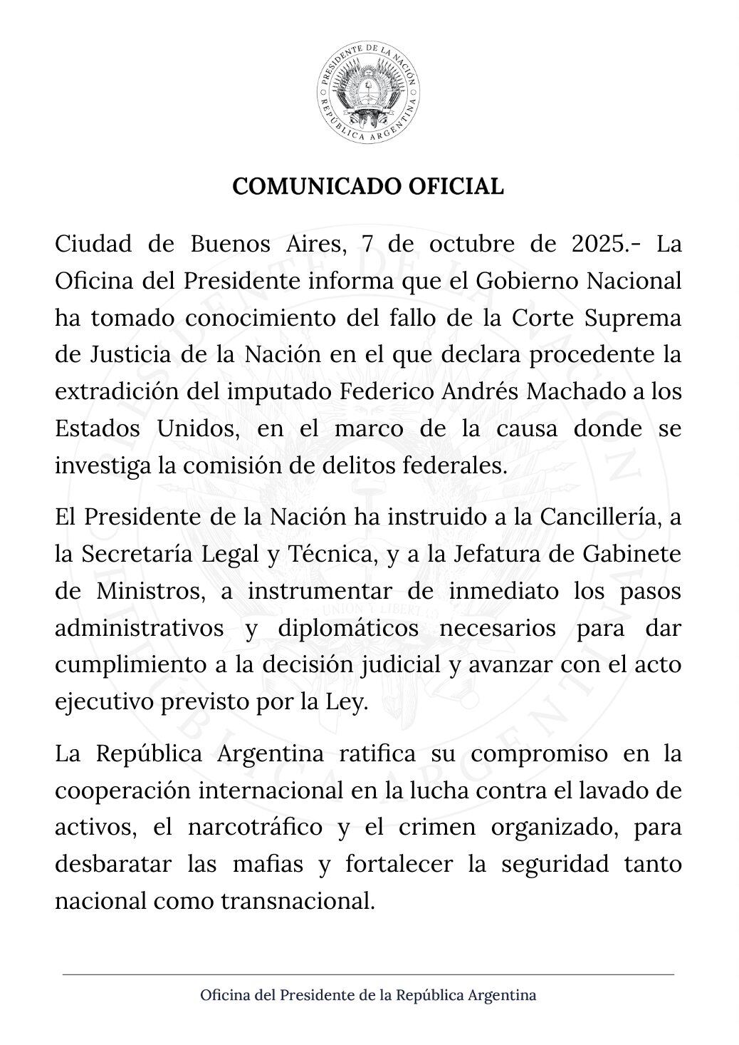 El comunicado de la Oficina del Presidente