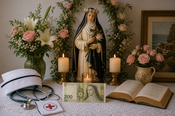 Escultura de Santa Rosa de Lima junto a un billete de 200 soles, velas, flores, un estetoscopio, una cofia de enfermería y un libro abierto.