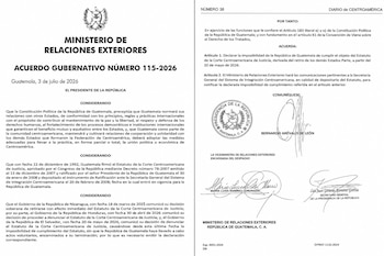 Documento del Ministerio de Relaciones Exteriores de Guatemala con el Acuerdo Gubernativo 115-2026, sellos oficiales y firmas.