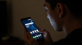 Primer plano de una persona usando un celular Android negro con la pantalla en modo oscuro, mostrando iconos de aplicaciones sobre un fondo oscuro.