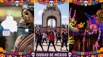 Tríptico con una figura esquelética y un mapa, un conjunto de bailarines ante un monumento y dos alebrijes luminosos de noche frente a un palacio.