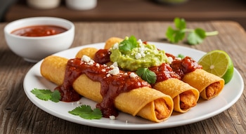 Cuatro flautas doradas con salsa roja, guacamole, queso desmoronado, cilantro y una lima. Un cuenco con salsa roja y un plato blanco sobre una mesa de madera.