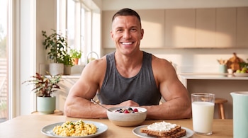Un hombre con camiseta sin mangas frente a un tazón de yogur con frutas, un plato de huevos revueltos, tostadas y un vaso de leche.