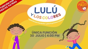 Póster animado de 'Lulú y los colores' con dos niños sonrientes sobre fondo de franjas naranjas y verdes, anuncia función el 30 de julio