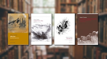 Cuatro portadas de libros de Anne Carson alineadas horizontalmente frente a una biblioteca fuera de foco.