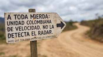 Letrero de madera con forma de flecha y texto en negro junto a un camino de tierra.