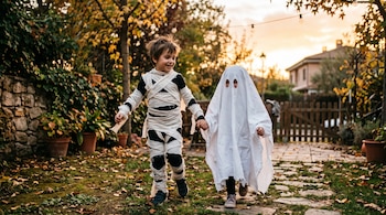 Dos niños caminan de la mano en un patio con hojas secas; uno viste vendas de tela blanca y el otro viste una sábana blanca con agujeros.