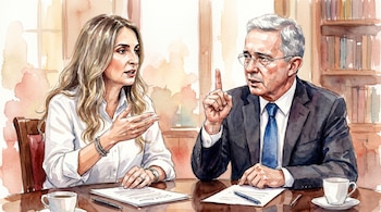 Ilustración acuarela de Paloma Valencia y Álvaro Uribe sentados en una mesa con papeles y tazas de café, conversando activamente; estantería al fondo.