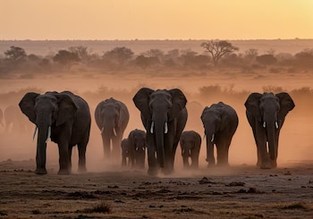 Elefantes africanos adultos y crías avanzan de frente sobre un suelo seco con polvo en suspensión y árboles dispersos en el fondo