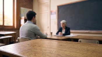 Un pupitre de madera en primer plano enfocado, y al fondo un estudiante y una profesora sentados frente a un pizarrón negro.