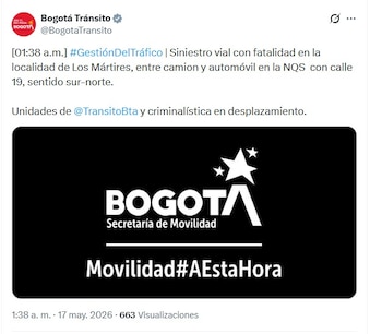 Un vehículo particular chocó contra un camión en la NQS con calle 19 en sentido sur-norte y ocasionó heridas a varios trabajadores viales - crédito @BogotaTransito/X