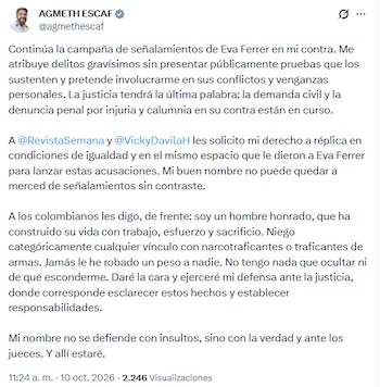 El legislador del Pacto Histórico señaló que interpondirá una denuncia penal por los delitos de injuria y calumnia - crédito @agmethescaf/X