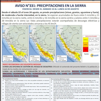 Lima y 17 departamentos tendrán lluvias, nieve, granizo y aguanieve desde este sábado 22, según aviso del SENAMHI