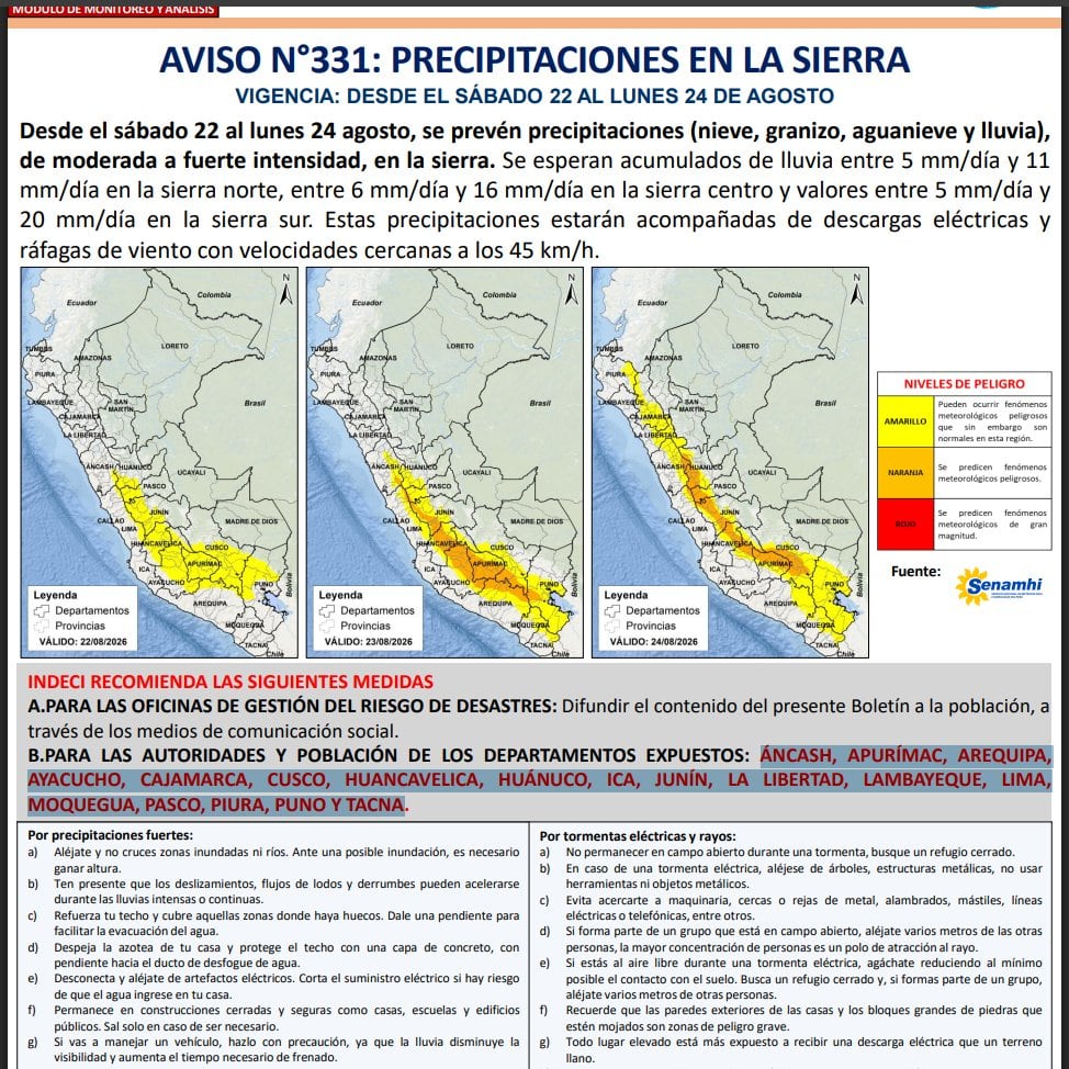 Lima y 17 departamentos tendrán lluvias, nieve, granizo y aguanieve desde este sábado 22, según aviso del SENAMHI