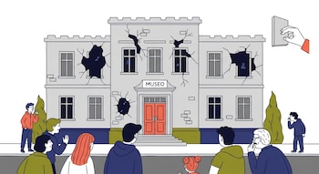 Ilustración plana de un museo deteriorado con grietas y piezas faltantes, observado por un grupo de personas. Una mano intenta colocar una pieza en la fachada.