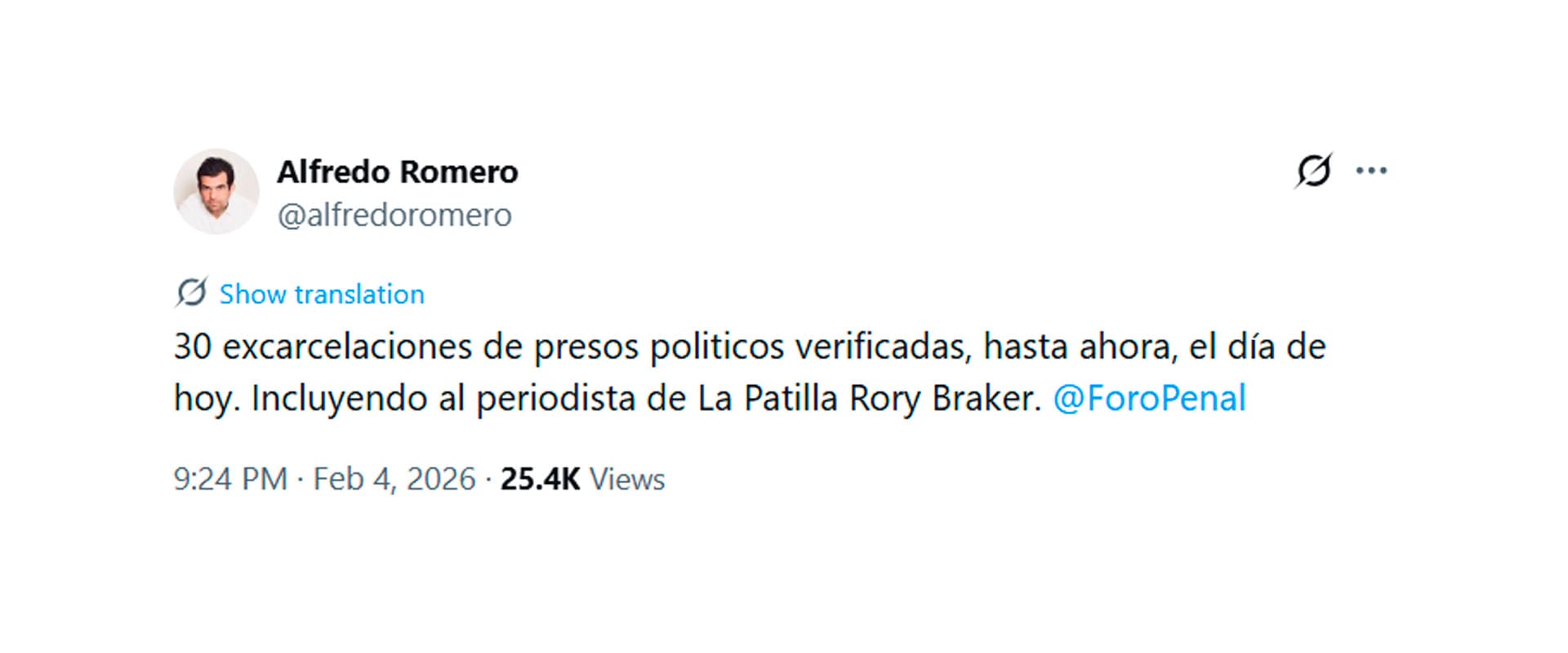 Alfredo Romero informó sobre la liberación de 30 presos políticos