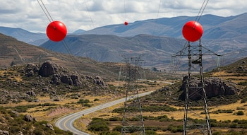 Vista aérea de dos esferas rojas grandes en cables de alta tensión y torres eléctricas sobre una carretera sinuosa en un valle montañoso árido de Perú.