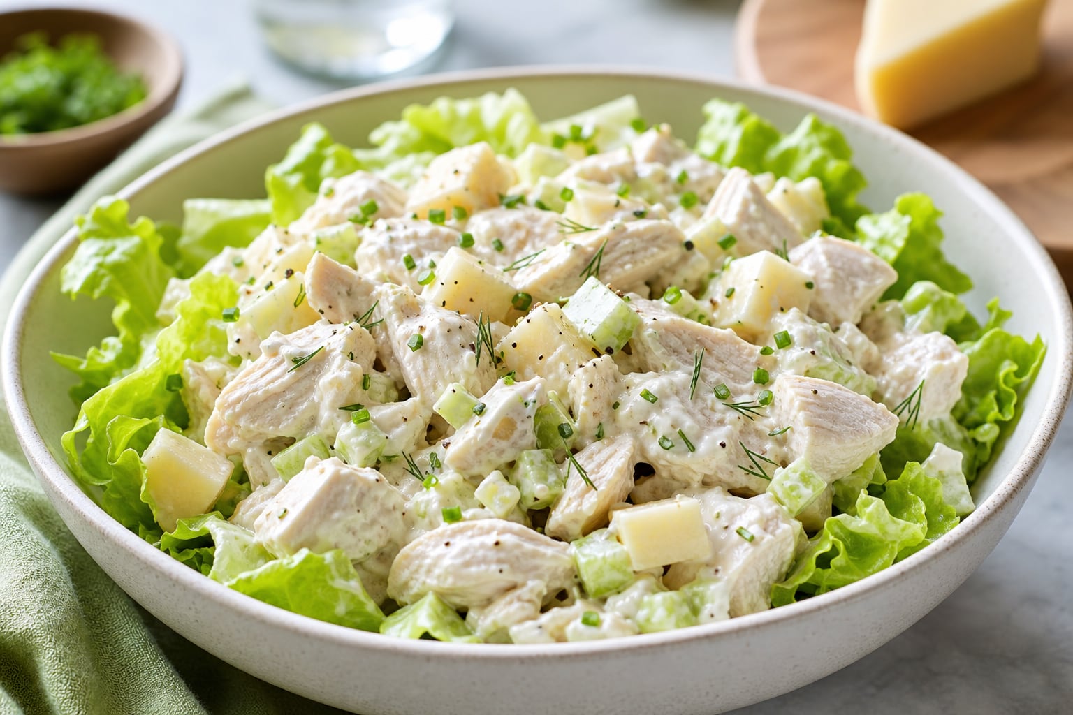 Un tazón contiene ensalada de pollo con aderezo de yogur, cubos de queso y hierbas picadas sobre hojas de lechuga. (Imagen Ilustrativa Infobae)