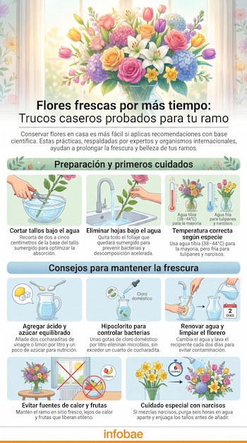 Infografía con consejos para mantener flores frescas. Incluye ilustraciones de corte de tallos, preparación del agua con aditivos, limpieza y ubicación de ramos.